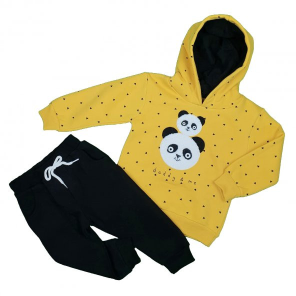 Erkek Bebek Kapşonlu Pandalı Modelli İkili Takım 1-4 Yaş Sarı - C74120