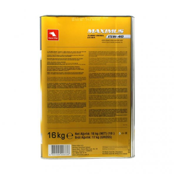 Petrol Ofisi Maximus Turbo Diesel Extra 15W-40 16 Kg Dizel Motor Yağı - Resim 3