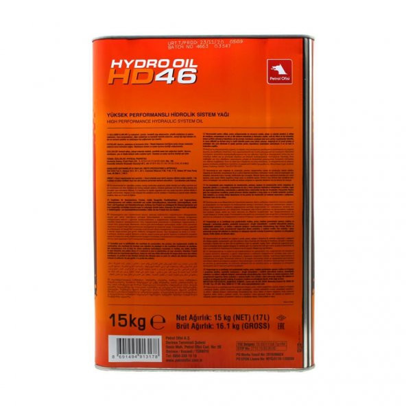 Petrol Ofisi Hydro Oil HD 46 15 Kg(17 LT) Hidrolik Sistem Yağı - 3