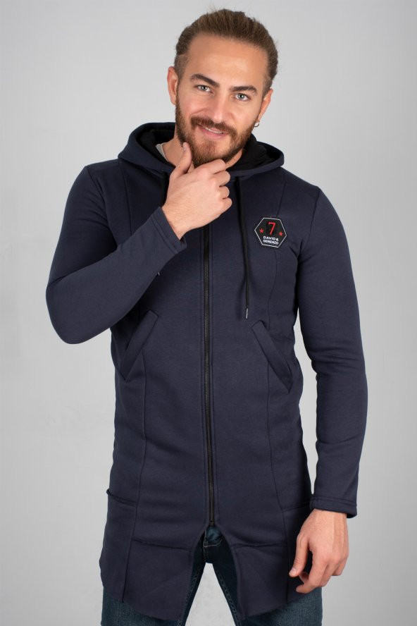 DeepSEA Lacivert Kapşonlu Baskılı Uzun Sweat - Hırka 1900153