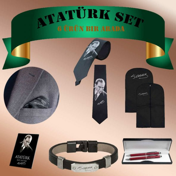 Atatürk İmza Set -6 Parça -Yaka Mendili - Kravat - Elbise Kılıfı -Not Defteri - Bileklik -Kalem -Set