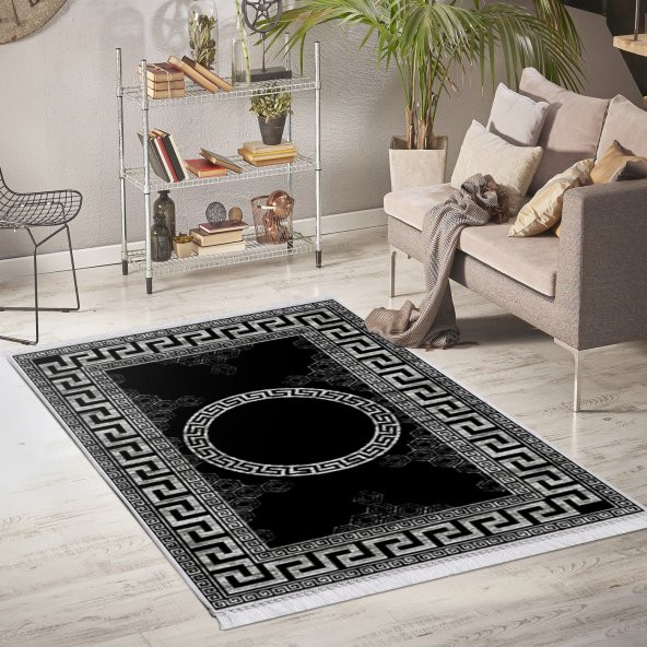 Ahsen Halı PVC Deri Taban Kaydırmaz Versace Desen Siyah Halı