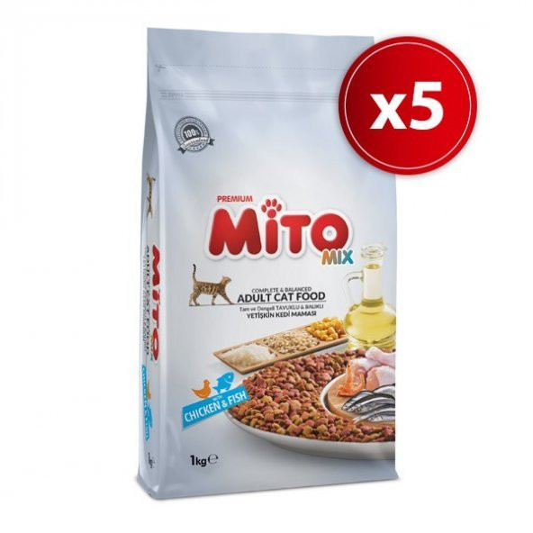 Mito Mix Adult Cat Tavuklu ve Balıklı Renkli Taneli Yetişkin Kedi Maması 1kg. x 5