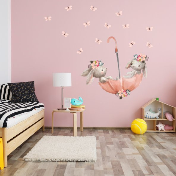 Sim Tasarım Pembe Şemsiyeli Sevimli Tavşanlar Duvar Sticker Seti