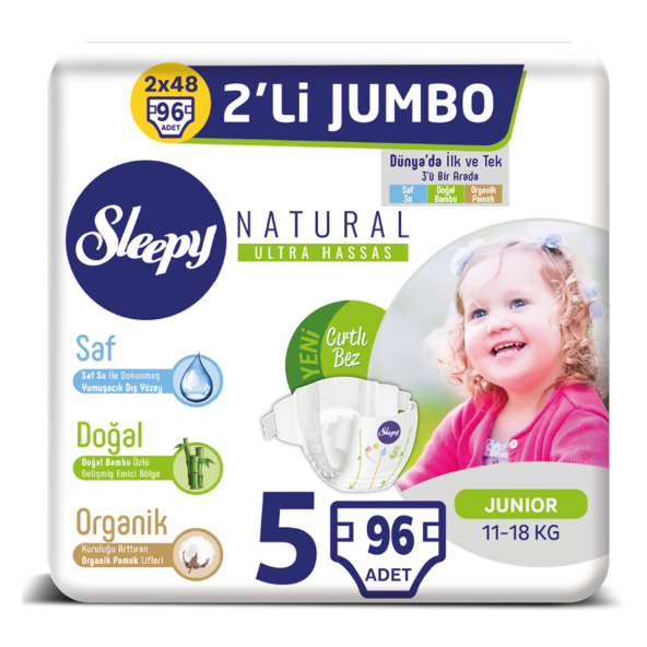 Sleepy Natural Bebek Bezi 5 Beden Junior 2X2li Jumbo 96 Adet