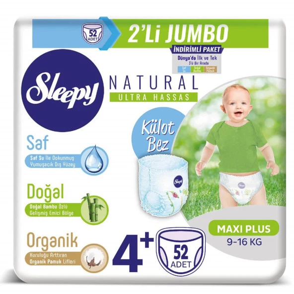 Sleepy Natural Külot Bez 4+Beden Maxi Plus 2'li Jumbo 52 Adet