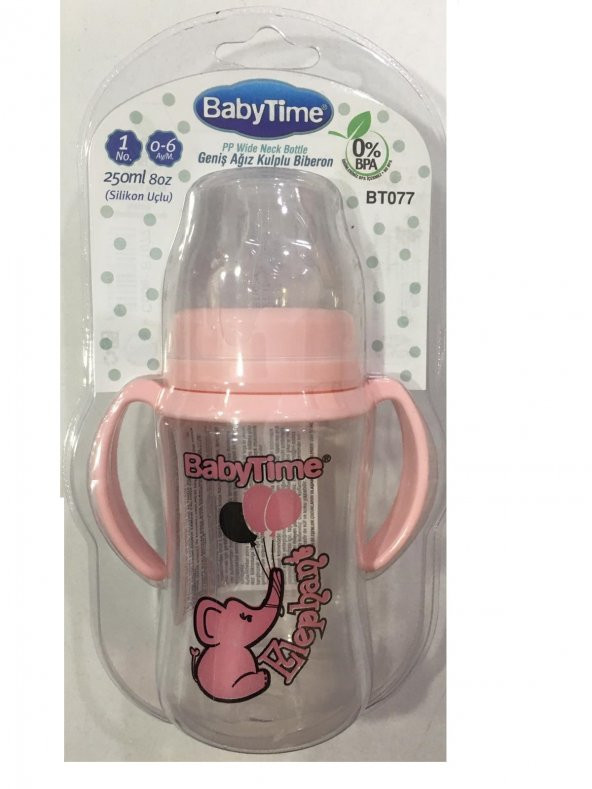 Baby Time Geniş Ağız Kulplu Silikon Uçlu 250 ml Biberon Pembe