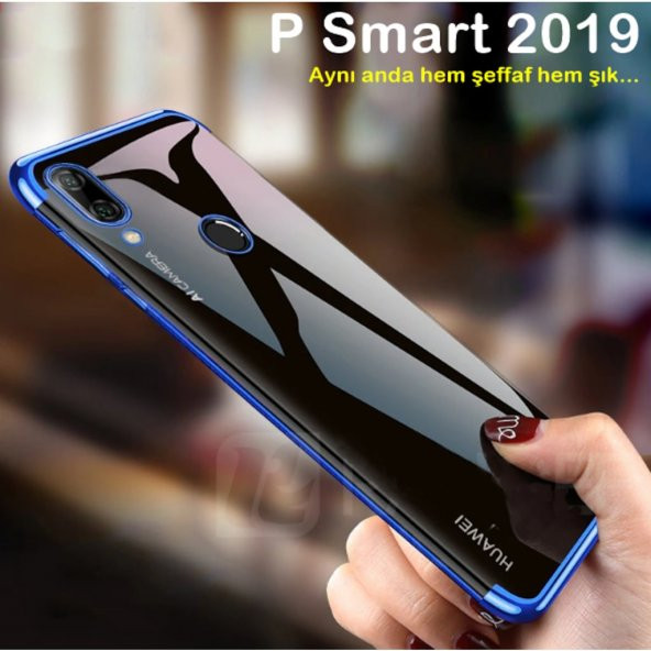 Huawei P Smart 2019 Köşeleri Renkli Şeffaf Kamera Korumalı Kılıf