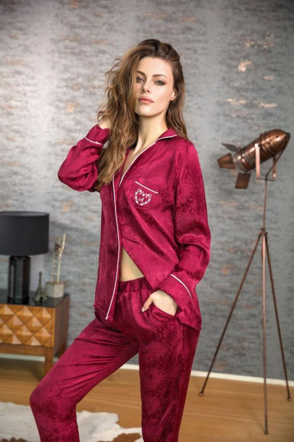 Anıl 9619 Kadın Yılan Desenli Bordo Uzun Kollu Pijama Takım