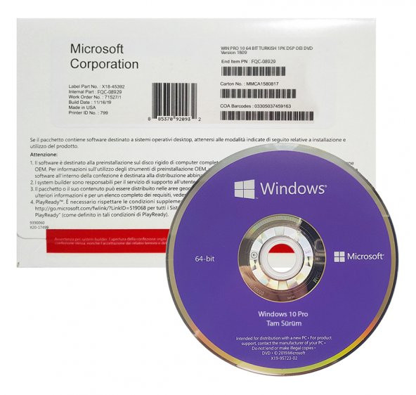 Windows 10 Pro Türkçe 64 bit OEM DVD + Lisans FQC-08977