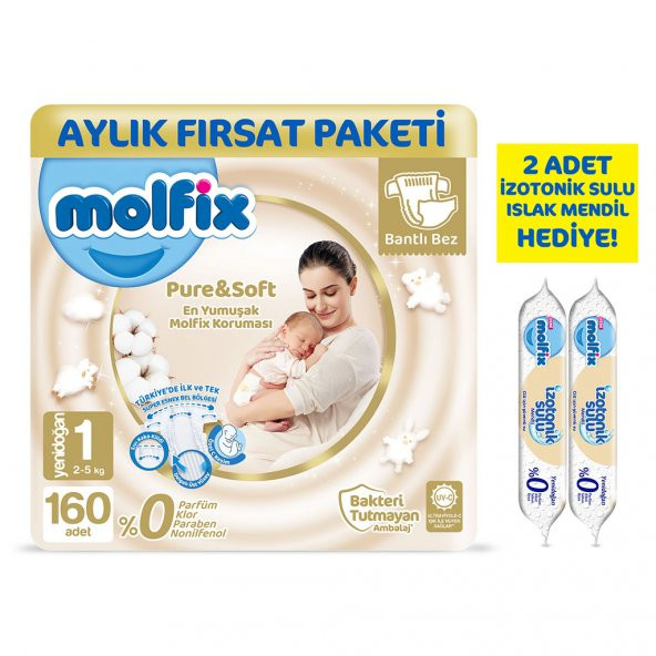 Molfix Pure and Soft Bebek Bezi Yeni Doğan 160 Adet + 2 Adet İzotonikSulu Islak Mendil Yenidoğan Hediyeli
