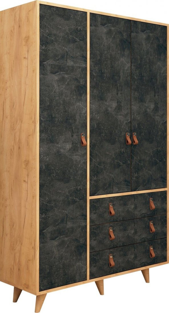 My Mob Betong Plus Chunky 3 Kapaklı 3 Çekmeceli Gardırop - Meşe Gri - 2