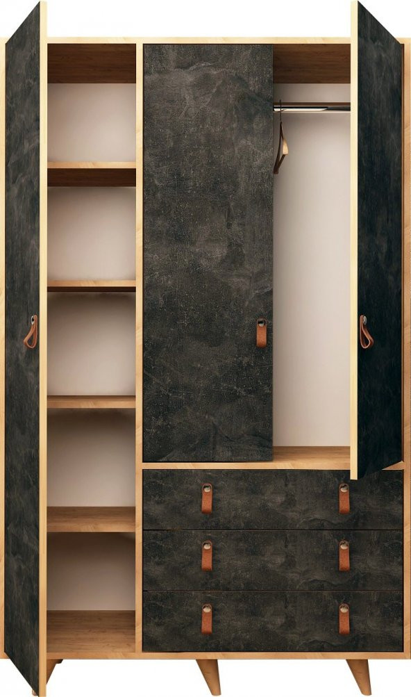 My Mob Betong Plus Chunky 3 Kapaklı 3 Çekmeceli Gardırop - Meşe Gri - 3