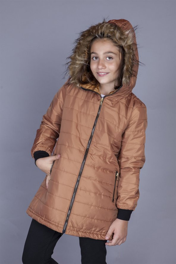 Toontoy Kız Çocuk Kapşonu Peluş Detaylı Mont - 3