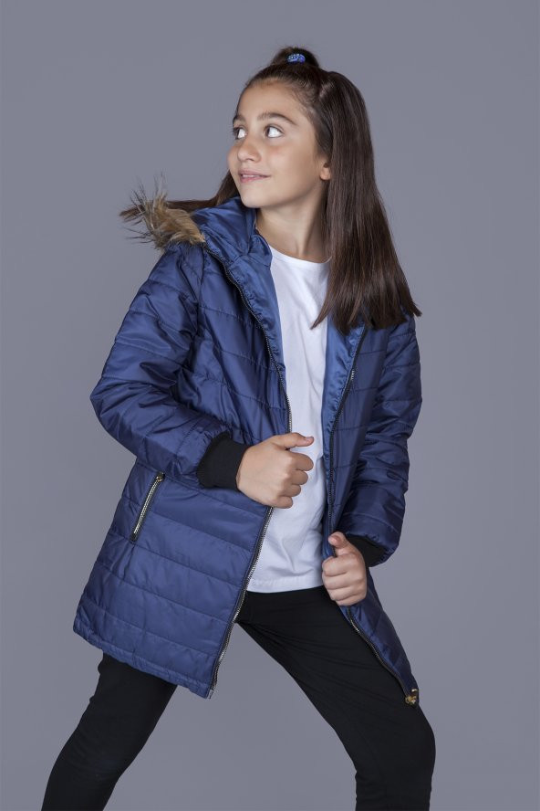 Toontoy Kız Çocuk Kapşonu Peluş Detaylı Mont - 4