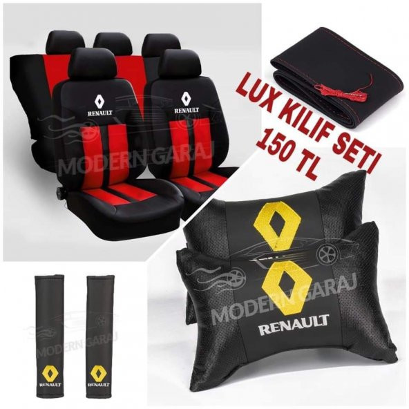 Renault Şeritli Oto Koltuk Kılıfı Set+ Deri yastık Kemer+ Dikme Direksiyon