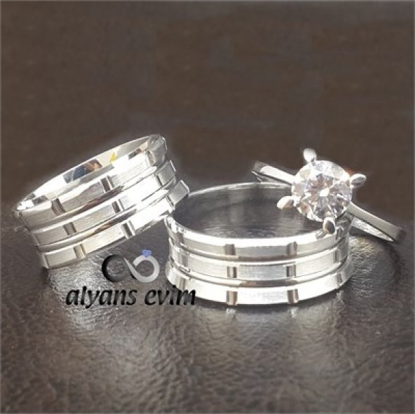 Çizgi Desenli Çift Gümüş Alyans Yüzük - 2