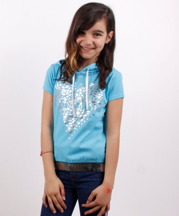 Toontoy Kız Çocuk Kapüşonlu Varak Baskılı Tişört - 5