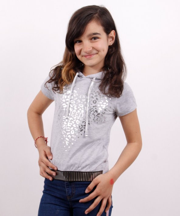 Toontoy Kız Çocuk Kapüşonlu Varak Baskılı Tişört - 6