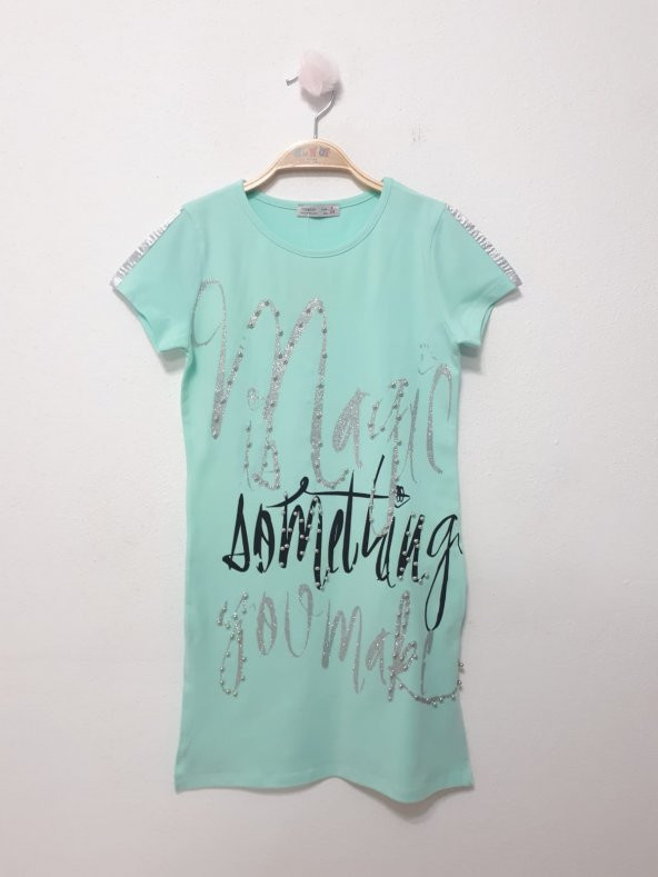 Toontoy Kız Çocuk Yazı inci Taşlı Elbise - 8