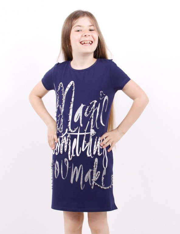 Toontoy Kız Çocuk Yazı inci Taşlı Elbise - 9