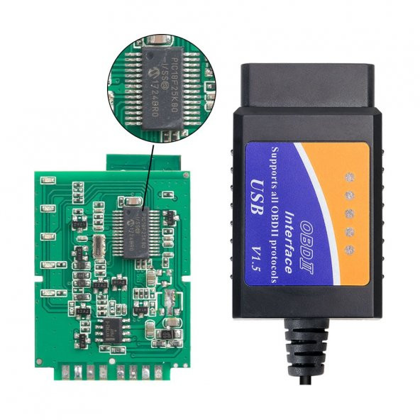 ELM327 ARAÇ ARIZA TESPİT CİHAZI v1.5 KABLOLU USB ELM 327 TÜRKÇE YAZILIM PİC18F25K80 OBD2 SCANNER OBD - 2