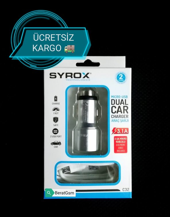 SYROX C32 3.1 Samsung Micro Oto Araç Çakmaklık Şarjı Oto Şarj Aleti Çift USB Girişli (METAL BAŞLIK)