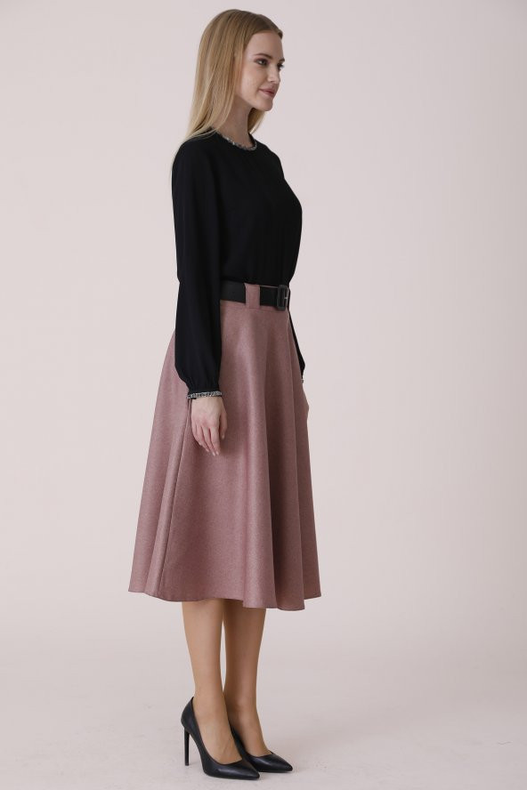 ETEK ŞANEL BOY,KLOŞ,KIŞLIK ,KAŞMİR KUMAŞ,780, SORALLINESORALLİNE KADIN KLOŞ ETEK 780 PUDRA - 2