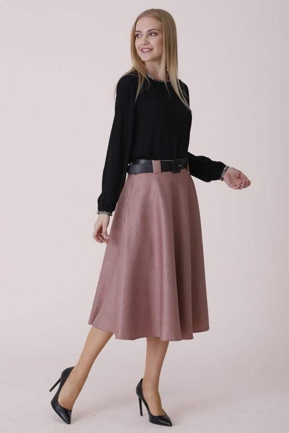 ETEK ŞANEL BOY,KLOŞ,KIŞLIK ,KAŞMİR KUMAŞ,780, SORALLINESORALLİNE KADIN KLOŞ ETEK 780 PUDRA - 4