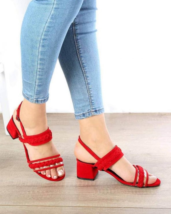 Sabriny Kırmızı Süet Şeffaf Örgü Kemer Bilek Bağlı Kadın Ayakkabı