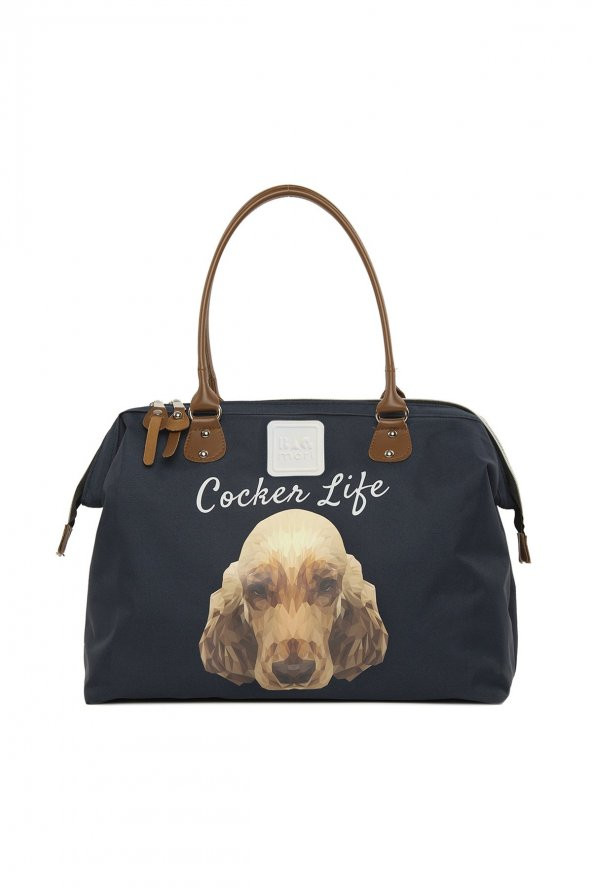 Bagmori Lacivert Cocker Spaniel Baskılı Omuz Askılı Çanta