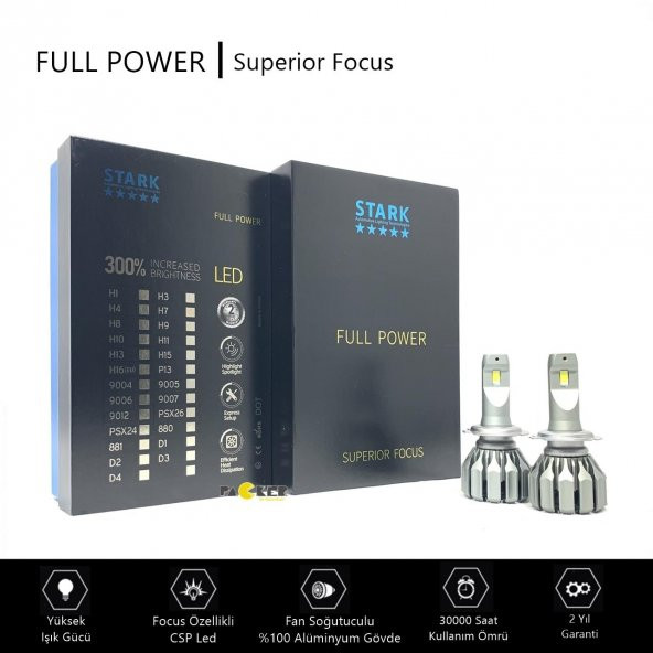 Stark Full Power H7 CSP 9600LM Şimşek Etkili Led Xenon Far Ampulü Focus Özelliği, Mükemmel Odaklama