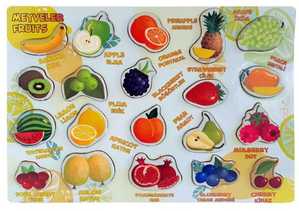 Ahşap Puzzle Meyve Eğitici Zeka Geliştiren Çocuk Oyuncak Montessori WoodyLife  İngilizce Türkçe