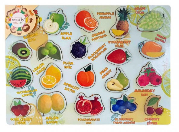 Ahşap Puzzle Meyve Eğitici Zeka Geliştiren Çocuk Oyuncak Montessori WoodyLife  İngilizce Türkçe - 2