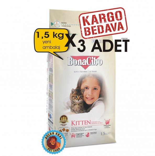 Bonacibo Kitten Yavru Kedi Maması 1.5 Kg x 3  4,5kg Orjinal Paket