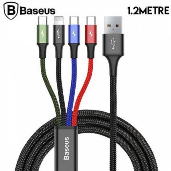 Orijinal Baseus 4 in 1 Şarj ve Data Kablosu, 2 Type C, 1 İphone, 1 Micro Hızlı Şarj ve Data Kablosu