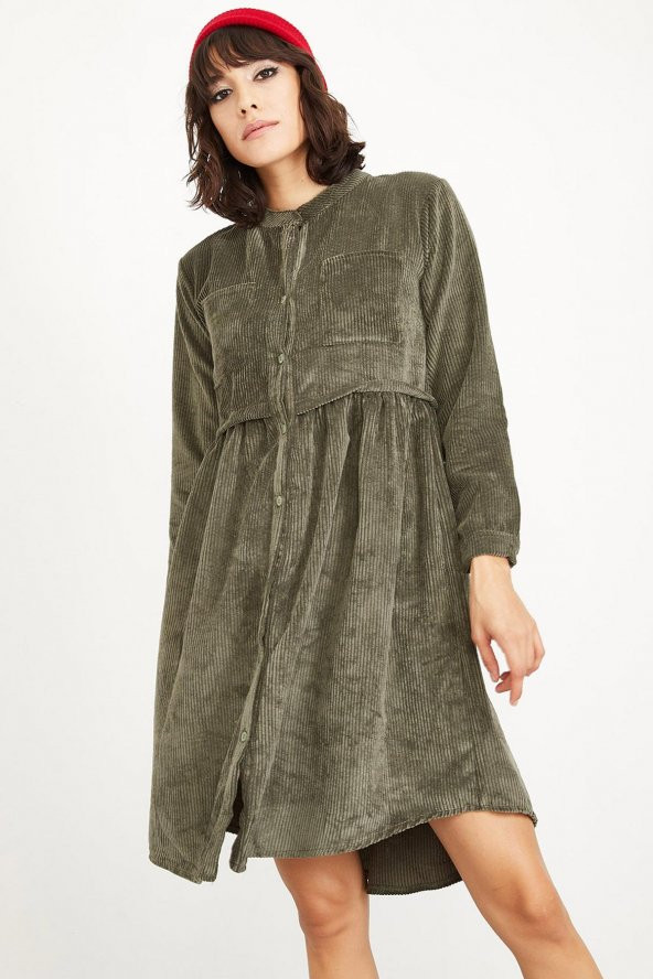 Kadın Haki Fitilli Kadife Kısa Elbise - 2