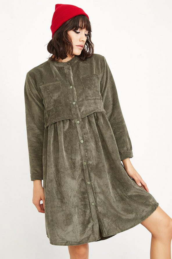 Kadın Haki Fitilli Kadife Kısa Elbise - 3