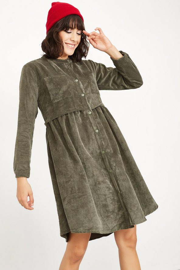 Kadın Haki Fitilli Kadife Kısa Elbise - 4