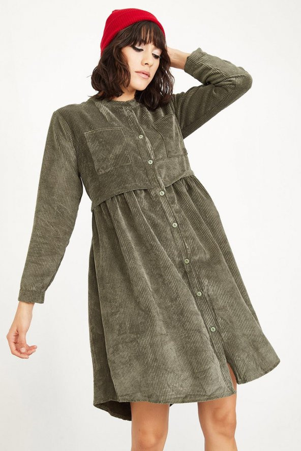 Kadın Haki Fitilli Kadife Kısa Elbise - 5