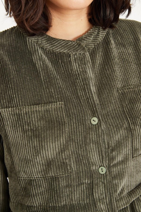 Kadın Haki Fitilli Kadife Kısa Elbise - 6