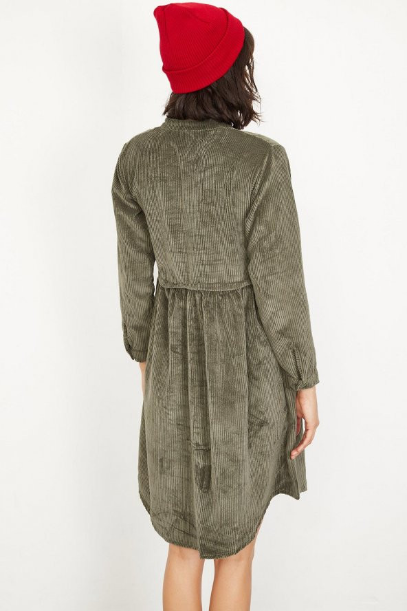 Kadın Haki Fitilli Kadife Kısa Elbise - 7