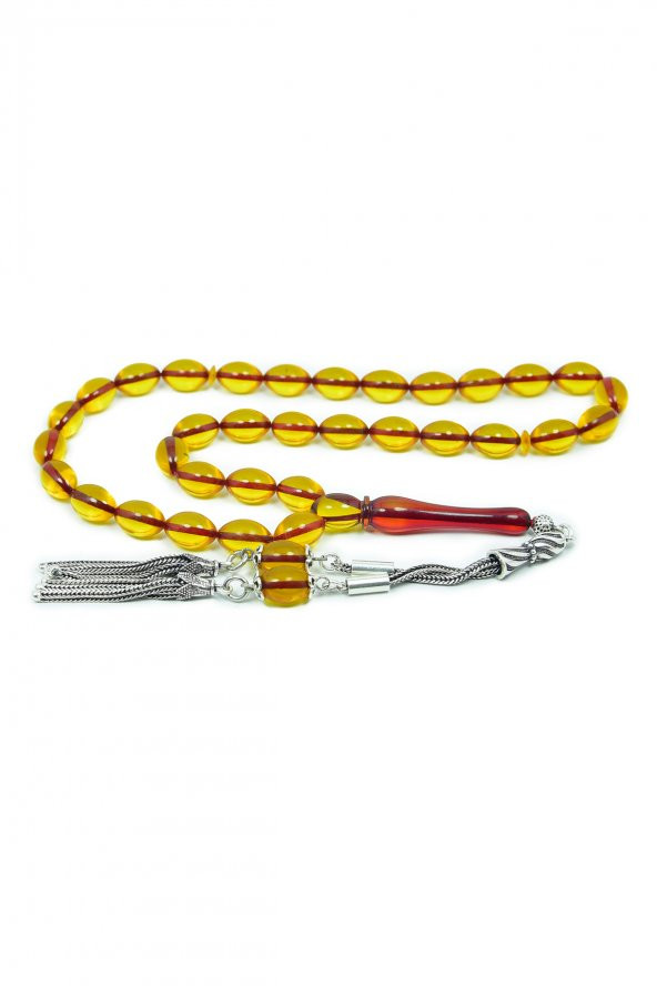 Arpa Kesim Ateş Kehribarı Tesbih (gümüş püsküllü)