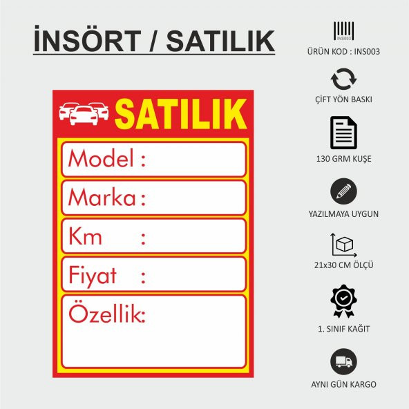 İndirim Reklam Promosyon Kampanya Market ve Mağaza Fiyat Afişi Görseli SATILIK OTO ARABA 21x30CM 1000 ADET