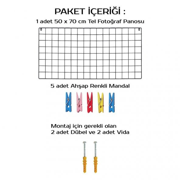 Fotoğraf Askılığı Tel Pano Metal Duvar Askılığı 5 Mandal Hediyeli - 5
