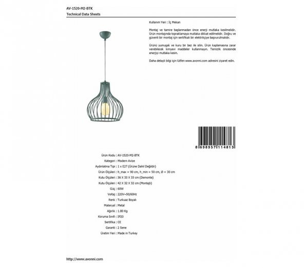 Avonni Turkuaz Boyalı Modern Avize AV-1520-M2-BTK - 4