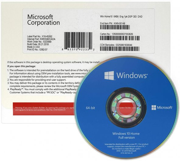 Windows 10 Home Oem Kutu Lisans 32-64 Bit (KW9-00119) Tüm Diller