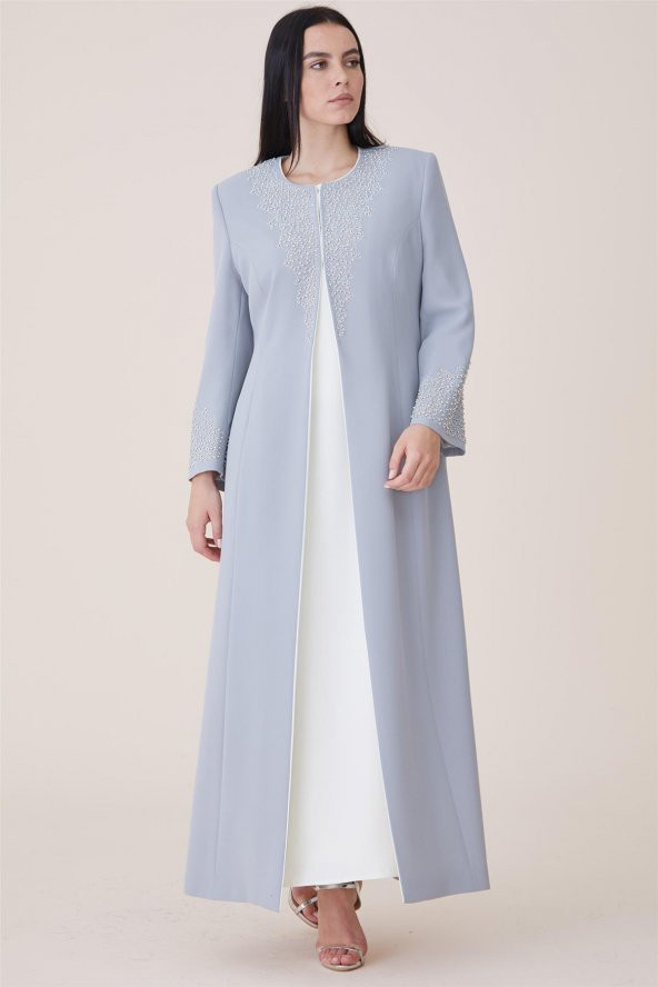 Çözgü Elbiseli Kaftan-Gri 19K165-04