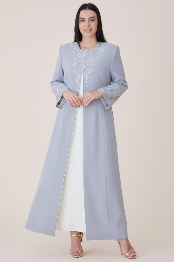 Çözgü Elbiseli Kaftan-Gri 19K165-04 - 2