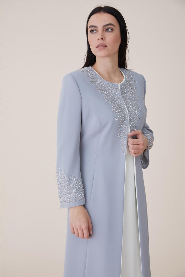Çözgü Elbiseli Kaftan-Gri 19K165-04 - 3